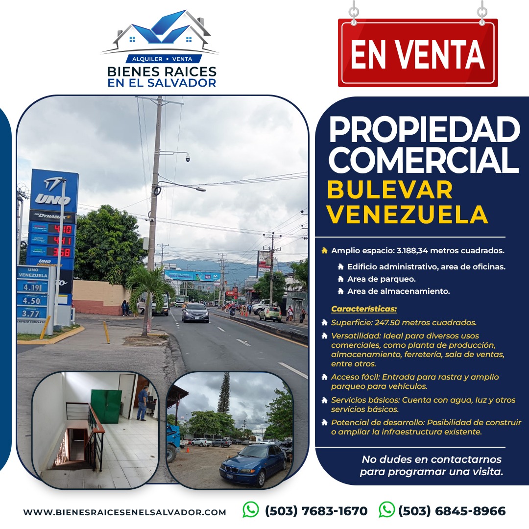 Inversión Inmobiliaria de Alto Impacto: Terreno Comercial en Venta en Bulevar Venezuela, San Salvador

Oportunidad Única para Inversionistas Visionarios

Adquiera una propiedad comercial excepcionalmente ubicada en el Bulevar Venezuela, una de las arterias principales de San Salvador, con un flujo vehicular y peatonal constante, ideal para el establecimiento de su negocio y el impulso de su éxito.